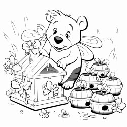 bear struggle stealing honey from beehive with full of buzzing bees