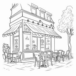 create a simple black and white line drawing of a quaint welcoming cafe