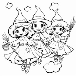 3friendly witches flying on broomsticks