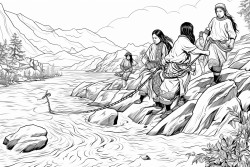 native americans crossing a river on foot using a grapevine as a rope to keep them connected