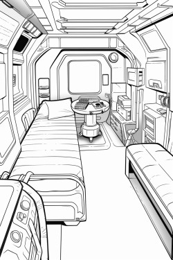 space ship cabin c bed with screens with desk space futuristic detail