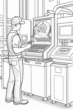 a machinist standing at a cnc machine inputting a program