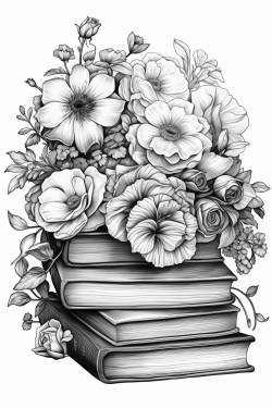 stack of books surrounded by flowers