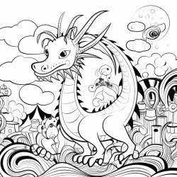 a dragon exploring a whimsical world made of candy thick black lines white background