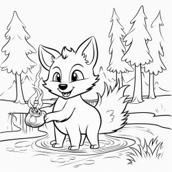 a fox in the forest holding a fire hose by a river