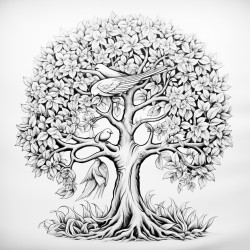 create a magical tree with mandla pattern on it and zentangle nature art with beautiful birds dancing around it