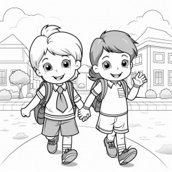 two kindergarten students are happily going to school with the kindergarten school in the background