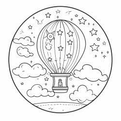 minimalistic design air balloon in sky view from window stars night theme