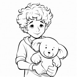 curly brown haired boy with his stuffed elephant