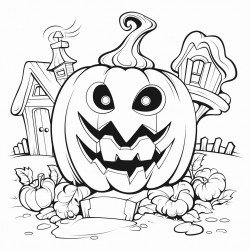 a giant pumpkin carved with a spooky face in the garden of a house the house is decorated for halloween