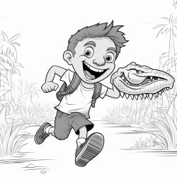 a terrified boy running from a smirking crocodile in the jungle