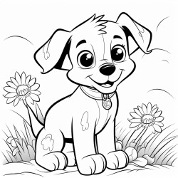 bolt and simpel black and wite coloring page of cute puppy sarounded by flowers