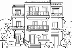 a town house. Four levels high. A balcony on every floor. Nothing in background or foreground