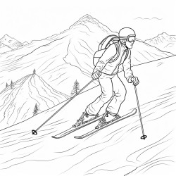 a skier racing down a snowy slope with a scenic mountain backdrop