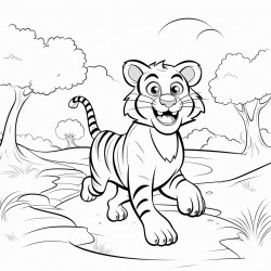 a tiger walking in a pathway outline lineart coloring book 2d cartoon character