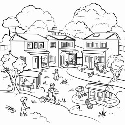a peaceful colorful village with traditional houses a school and children playing in the streets thoda cartoon type