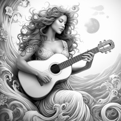 mermaid playing guitar on a moon