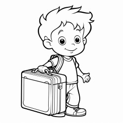 un enfant avec une valise devant des panneaux de direction