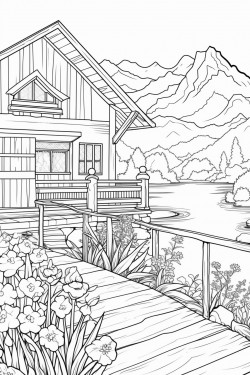 a hours in switzerland landscape with a quaint stone house surrounded by flowers wooden dock extending into a lake