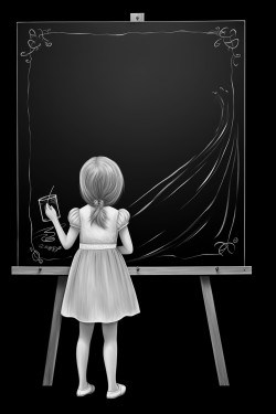 a girl drawing on a chalkboard with a crayon