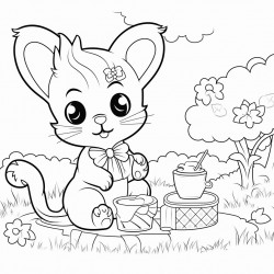 cute cat with big eyes and a little mouse having a picnic in the garden