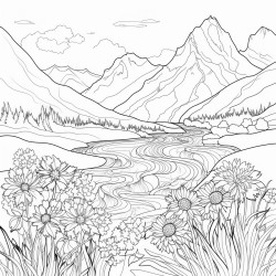 purplish blue mountains with river and a filed of flowers