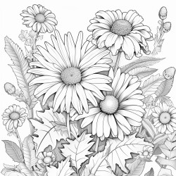 create a blackandwhite coloring page with a cluster of daisies in a garden use bold outlines for large defined petals stems and leaves vary their height and angle showing some fully open and others partially blooming keep the background simple with minimal details like grass ensuring larg