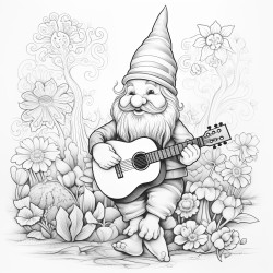 a whimsical garden gnome playing a ukulele under a rainbow