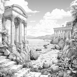 ancient city columns ivy near sea ancient god coming from sea