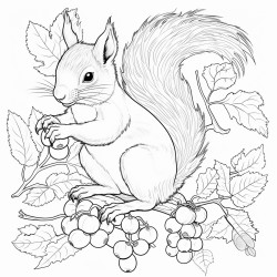 create a blackandwhite coloring page of squirrels gathering nuts the squirrels should have bold outlines some holding or reaching for acorns include simple details like fallen leaves or tree branches but keep the design uncluttered with large spaces
