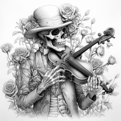 a skeleton playing a gothic violin with roses growing around it