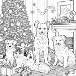 2 australian shepherds and 6 cats hanging out with a christmas theme