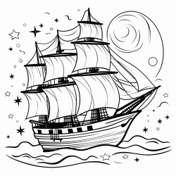 a pirate ship sailing under a starry sky