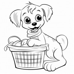puppy playing in a laundry basket of clothes with washer and dryer in the background