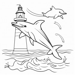 a playful dolphin jumping out of the ocean with a lighthouse in the background for sixyearolds to color