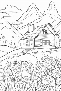 a flacon in the sky in background switzerland landscape with a quaint stone house surrounded by flowers