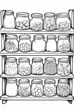 open wooden shelves display mason jars filled with grains dried herbs and spices
