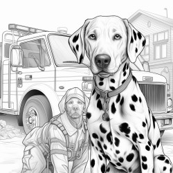 firefighter and dalmatian dog standing in front of fire truck