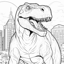 coloring page for kids ages 812 thick lines no shadings no colors big scary trex looking away to the city