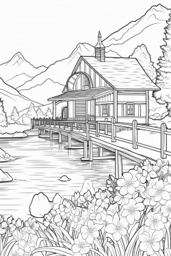 a hours in switzerland landscape with a quaint stone house surrounded by flowers wooden dock extending into a lake