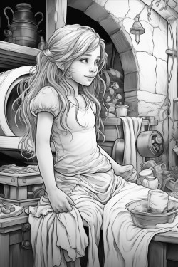 a little girl fairy is doing laundry in a fantasy house