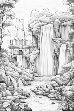 a cascading waterfall that glows with mystical light surrounded by fairies playing in water