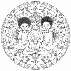 an intricate mandala with african  american children in lotus position with the chakras