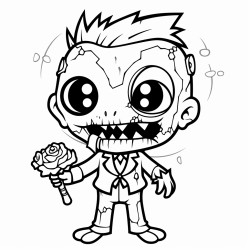 a cute kawaii zombie with a big toothy grin and a kawaii outfit