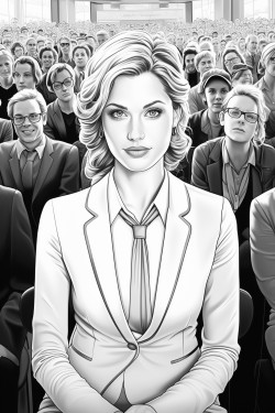 a woman in a suit on stage at a business conference in front of a bunch of people in the audience