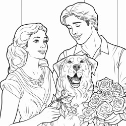 young man with retriever gives roses to young lady