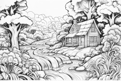 landscape cottage stream forest sunny clud no grey or black areas