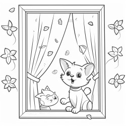 a funny scene where a pet has accidentally broken a window there should also be four leaf clovers in the drawing