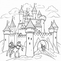 a medieval castle with knights and a dragon