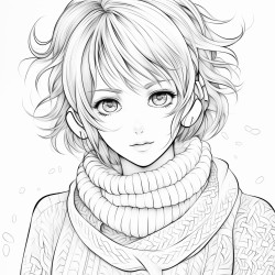anime girl with brown hair and blue eyes wearing a sweater